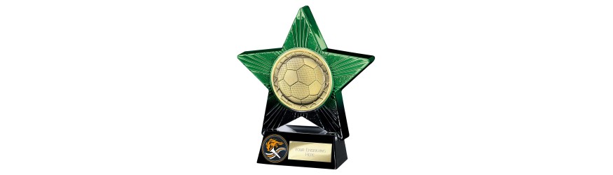 SUPERSTAR GREEN FOOTBALL RESIN TROPHY - 2 SIZES 11CM & 14CM
